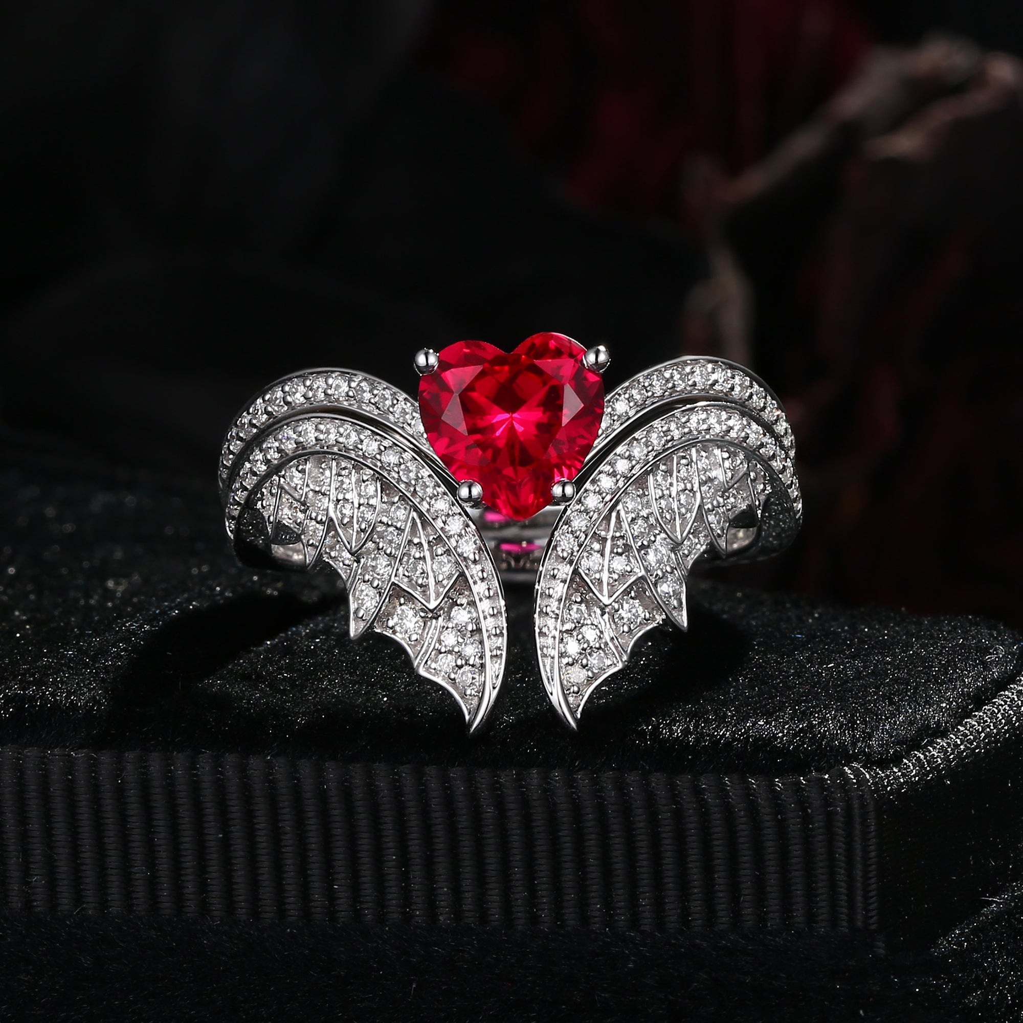 Heart Shaped Lab Ruby Vintage Bridal Set 2pcs - Bat Ring
