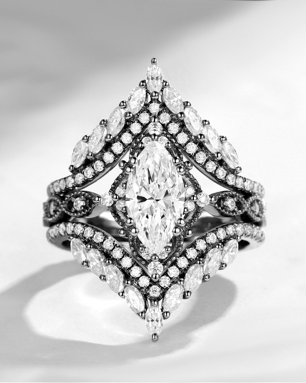 Vintage Style Marquise Moissanite Cage Black Gold Ring Bridal Set 2pcs