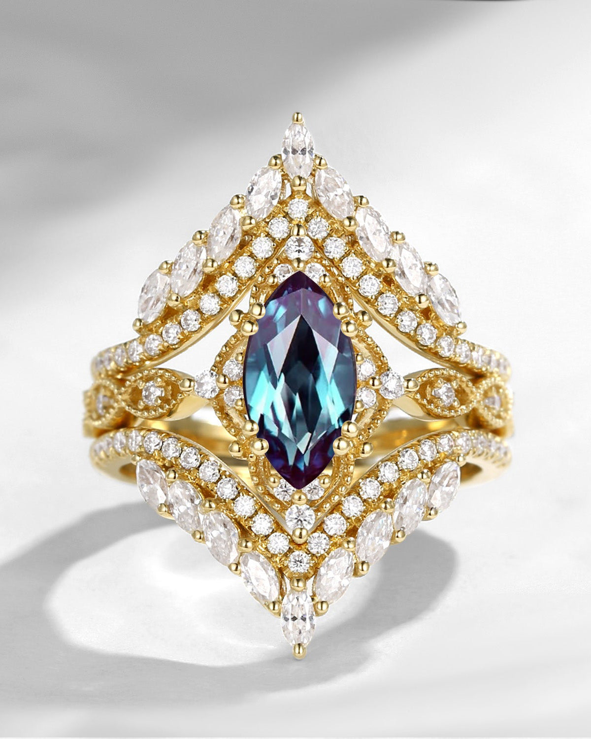 Vintage Style Marquise Lab Alexandrite Cage Ring 2pcs