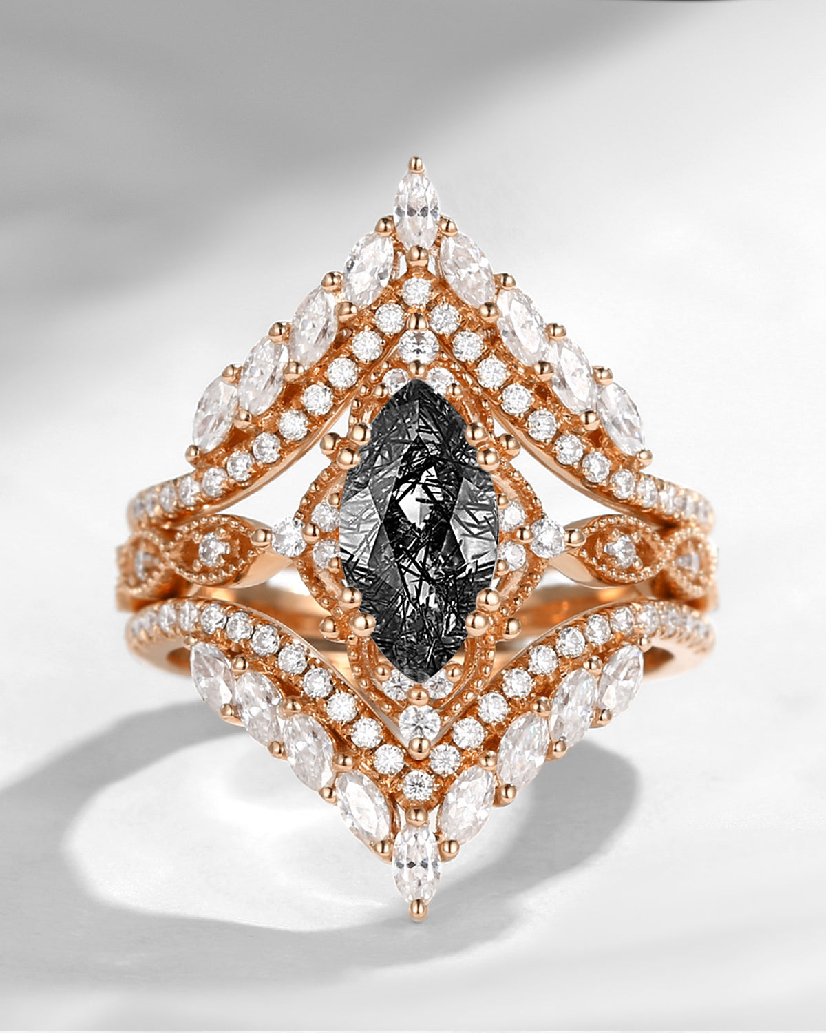 Vintage Style Marquise Black Rutilated Quartz Cage Ring 2pcs