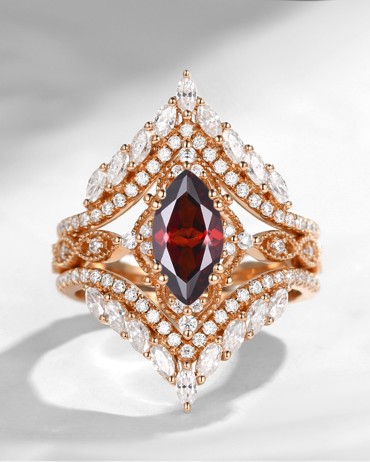 Vintage Style Marquise Garnet Cage Ring 2pcs