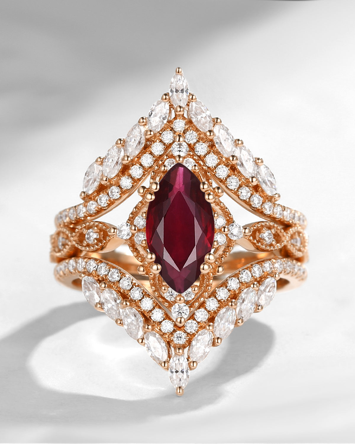 Vintage Style Marquise Cut Natural Ruby Cage Ring 2pcs