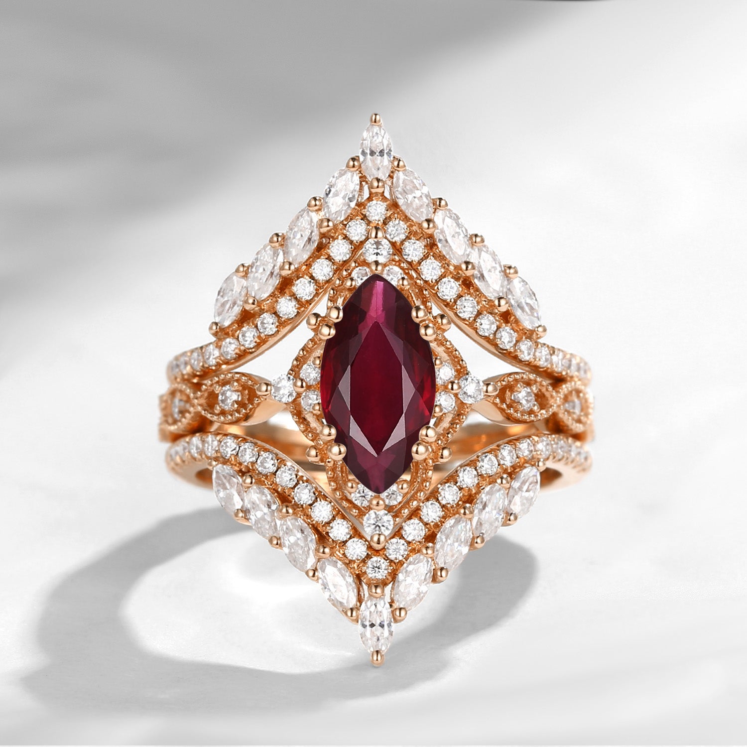 Vintage Style Marquise Cut Natural Ruby Cage Ring 2pcs