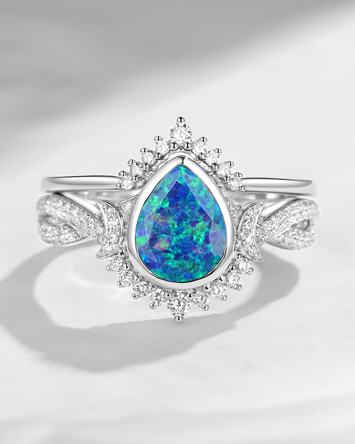 Crescent moon |Unique Infinity Opal Engagement Ring Set 2PCS