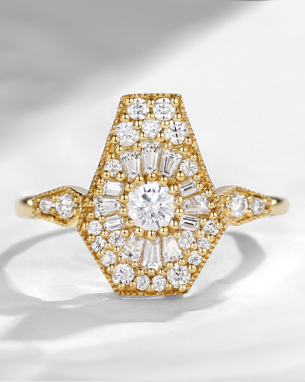 Unique Round Shaped Moissanite Cluster Coffin Engagement Ring