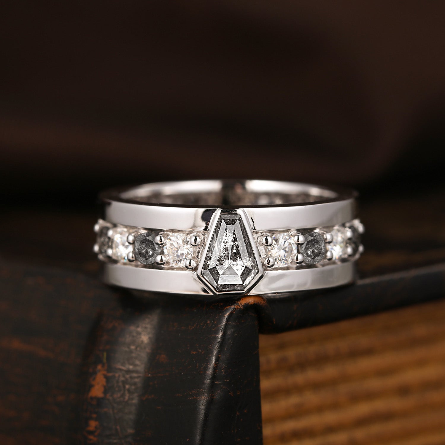 Unique Coffin Cut Salt & Pepper Diamond Wedding Band For Men - King's Scepter