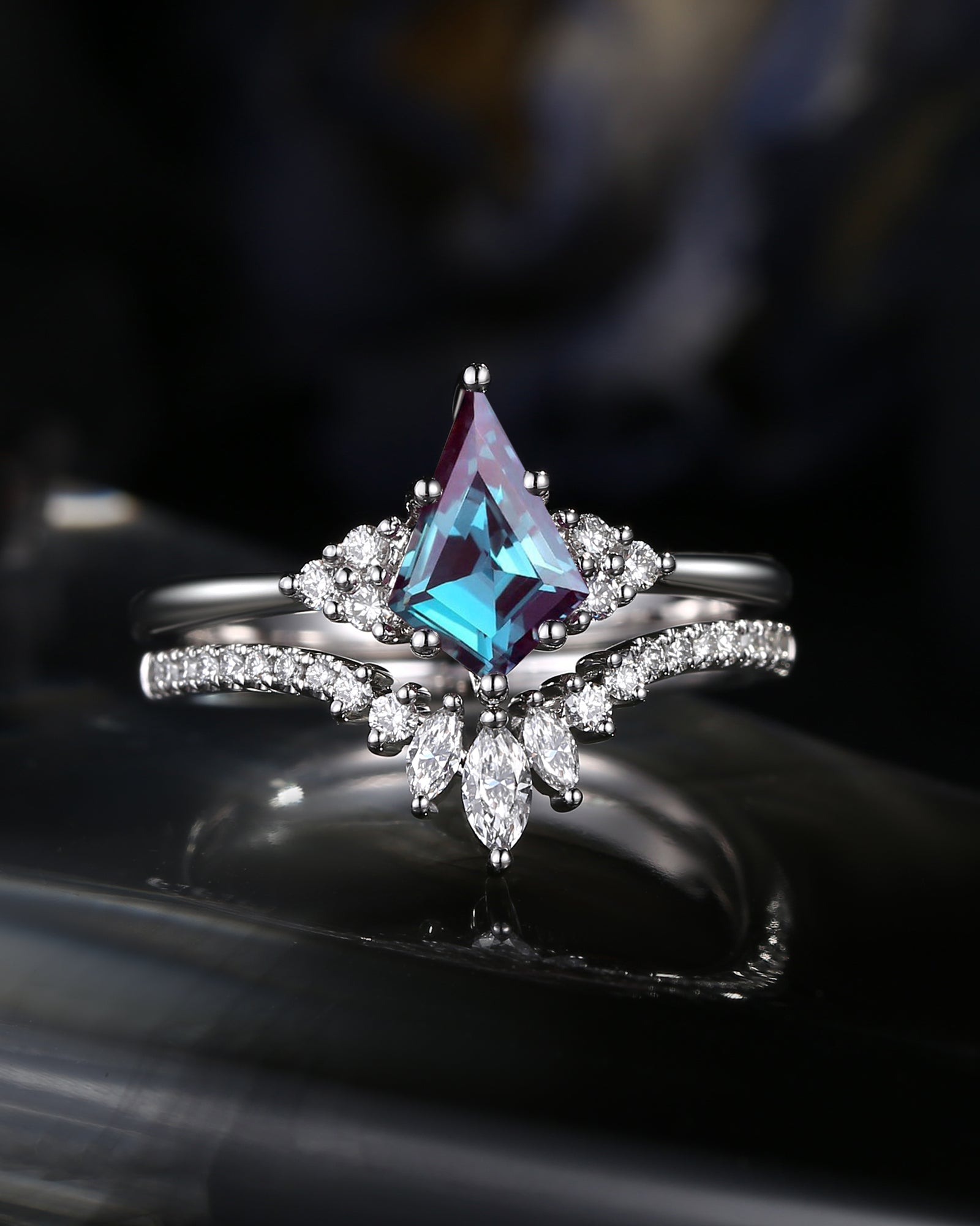 Kite Cut Lab Alexandrite Engagement Ring Set 2pcs - Electra