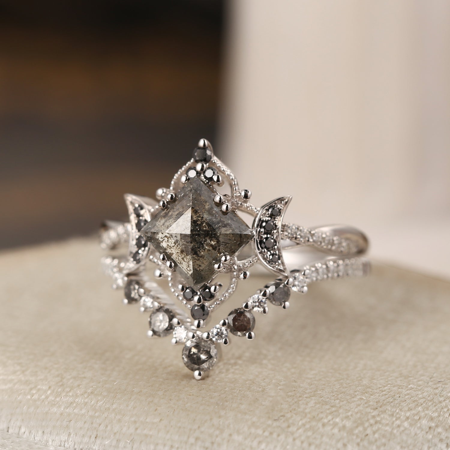 Crescent Moon | Rhombus Cut Salt and Pepper Diamond 'Noir' Engagement Ring Set 2pcs
