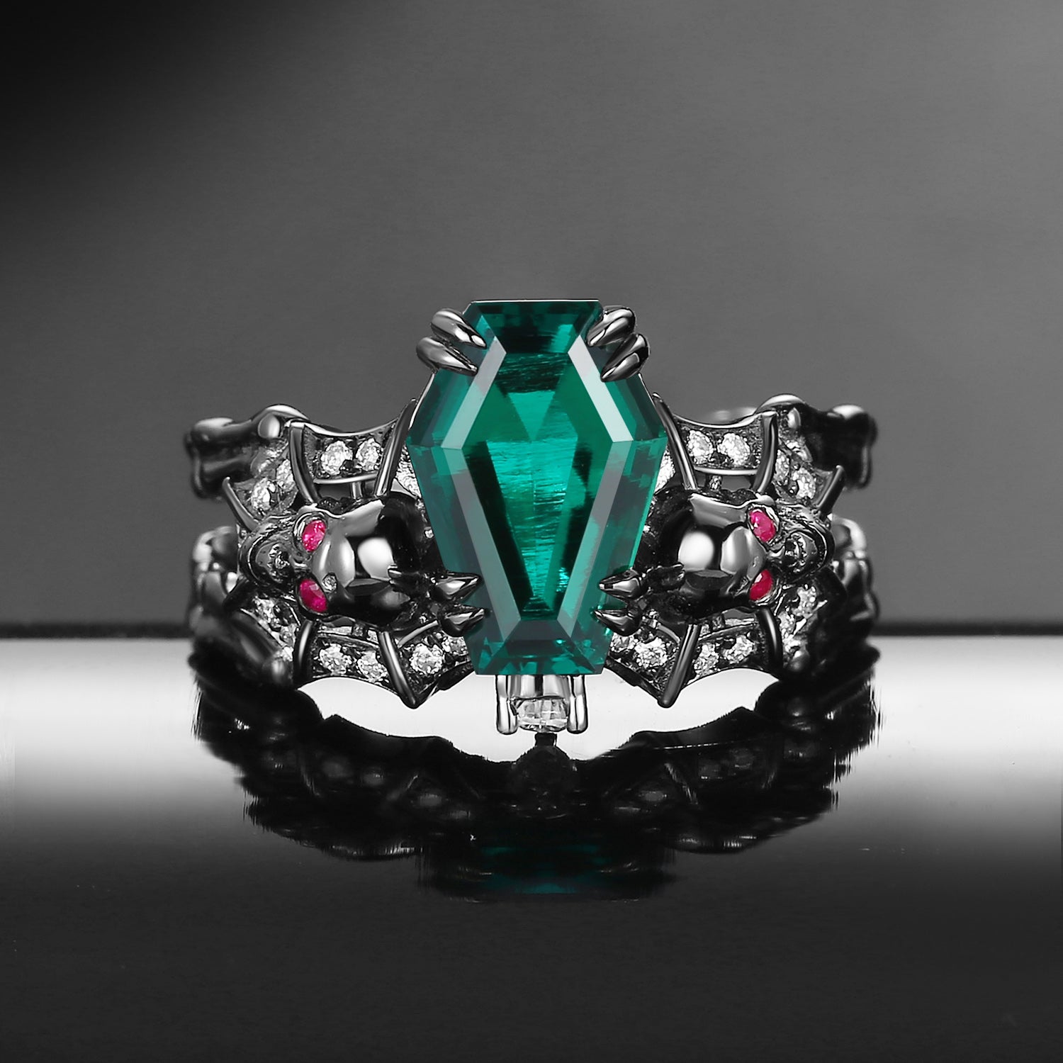 Gothic Inspired Skull & Skeleton Coffin Cut Lab Emerald 2-in-1 Engagement Ring