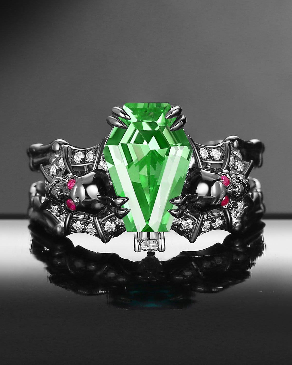 Gothic Inspired Skull & Skeleton Coffin Cut Lab Tsavorite 2-in-1 Engagement Ring