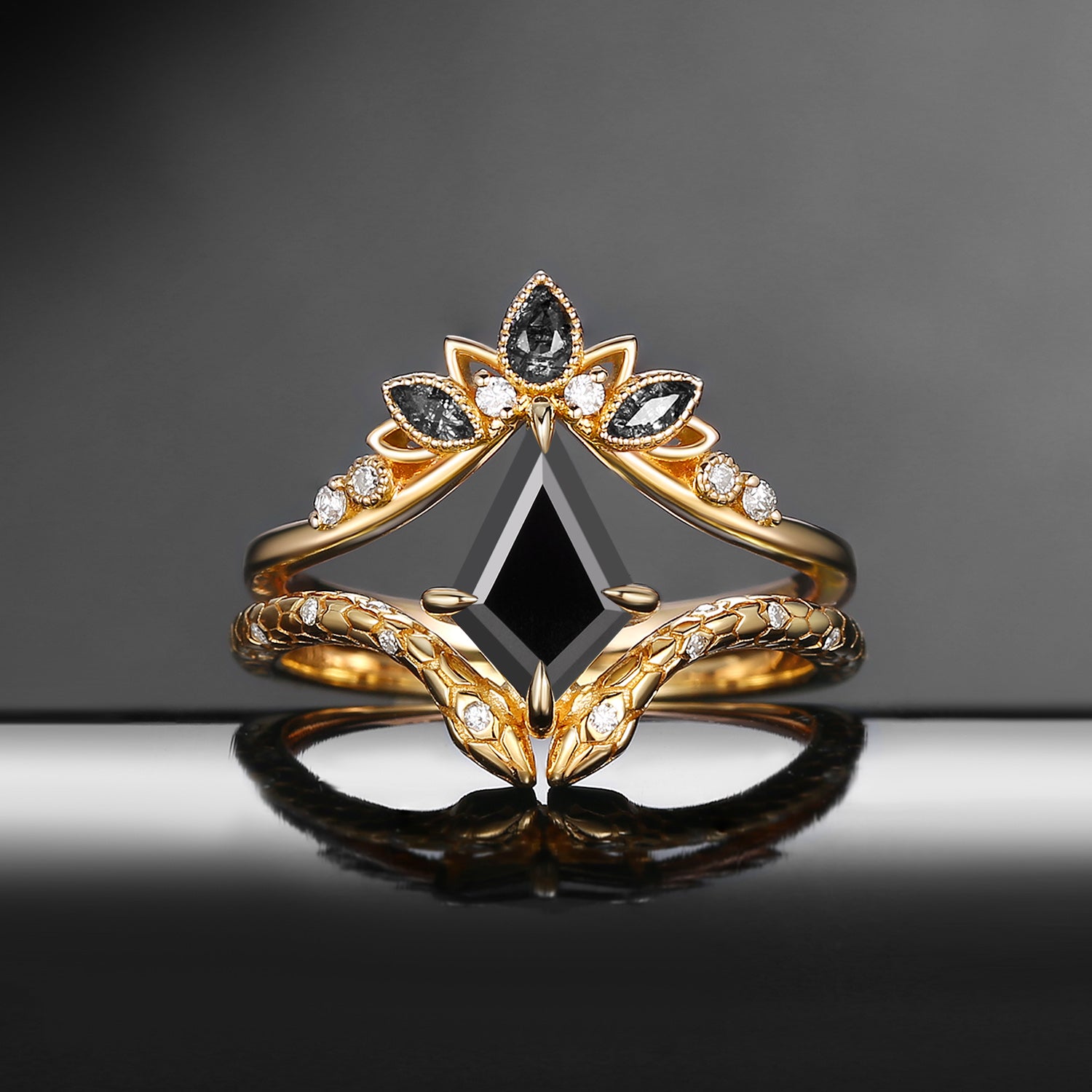 Gothic Kite Cut Black Moissanite Engagement Ring Set 2pcs - Serpent's Embrace
