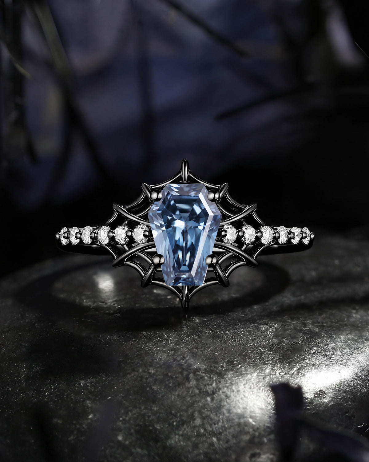 Gothic Inspired Coffin Blue Moissanite Spider Web Black Gold Engagement Ring