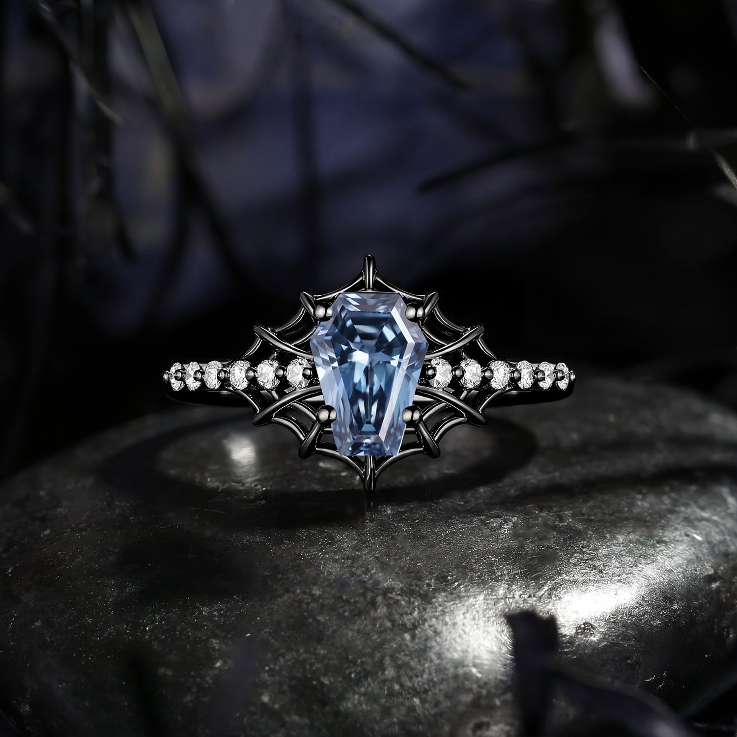 Gothic Inspired Coffin Blue Moissanite Spider Web Black Gold Engagement Ring