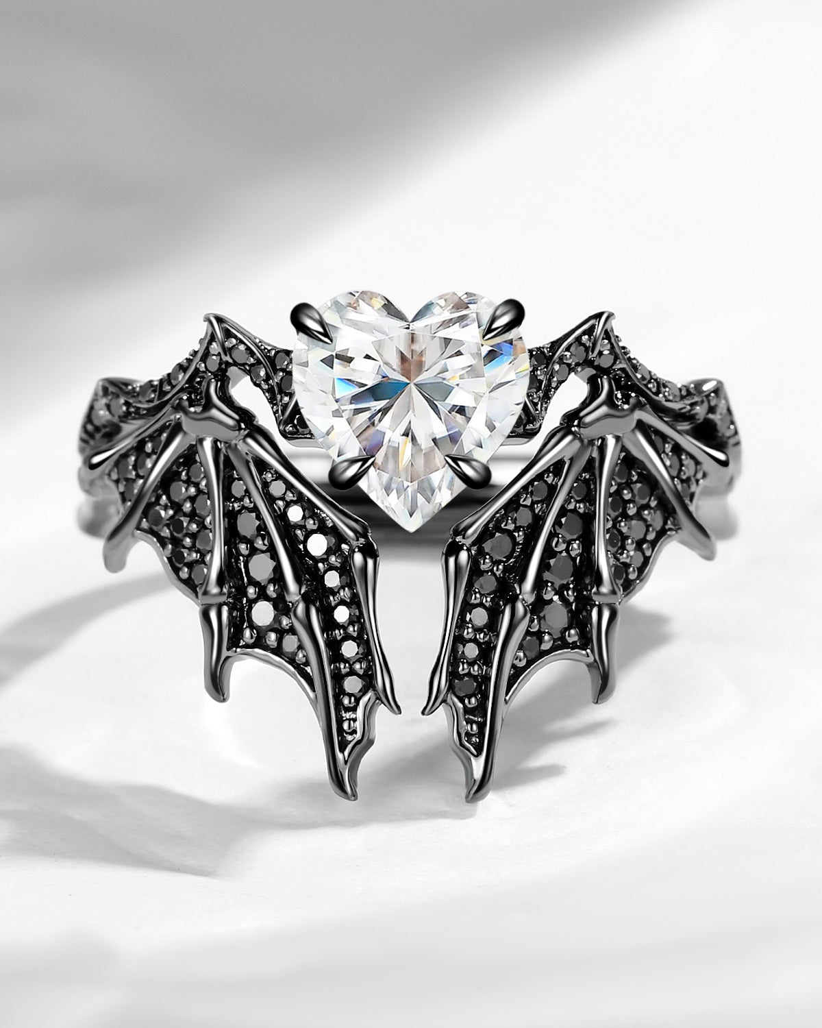 Non-Traditional Heart Moissanite Vampire Ring Black Gold Bridal Set 2pcs - Bat Ring
