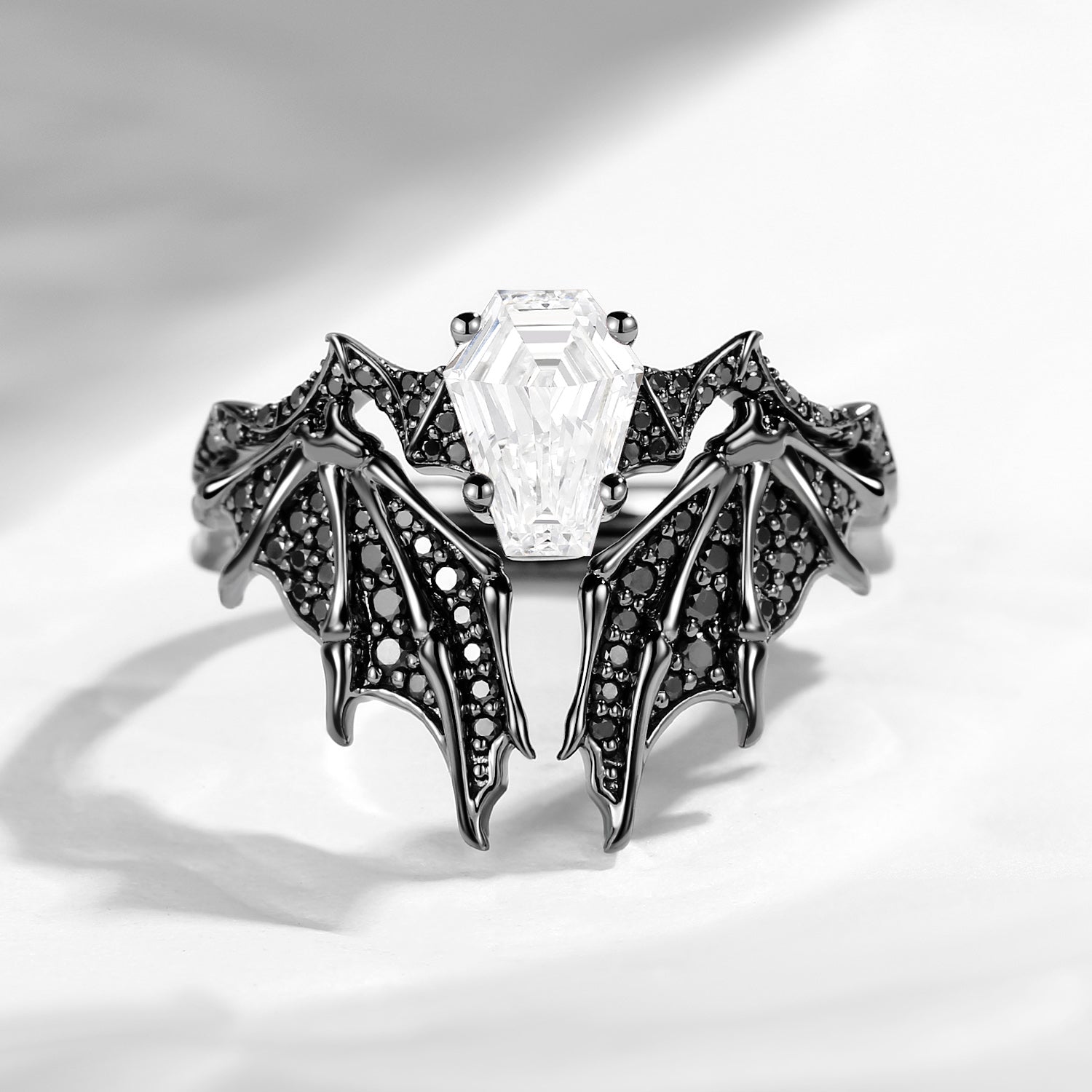 Non-Traditional Coffin Lab Diamond Vampire Engagement Ring Black Gold Bridal Set 2pcs - Bat Ring