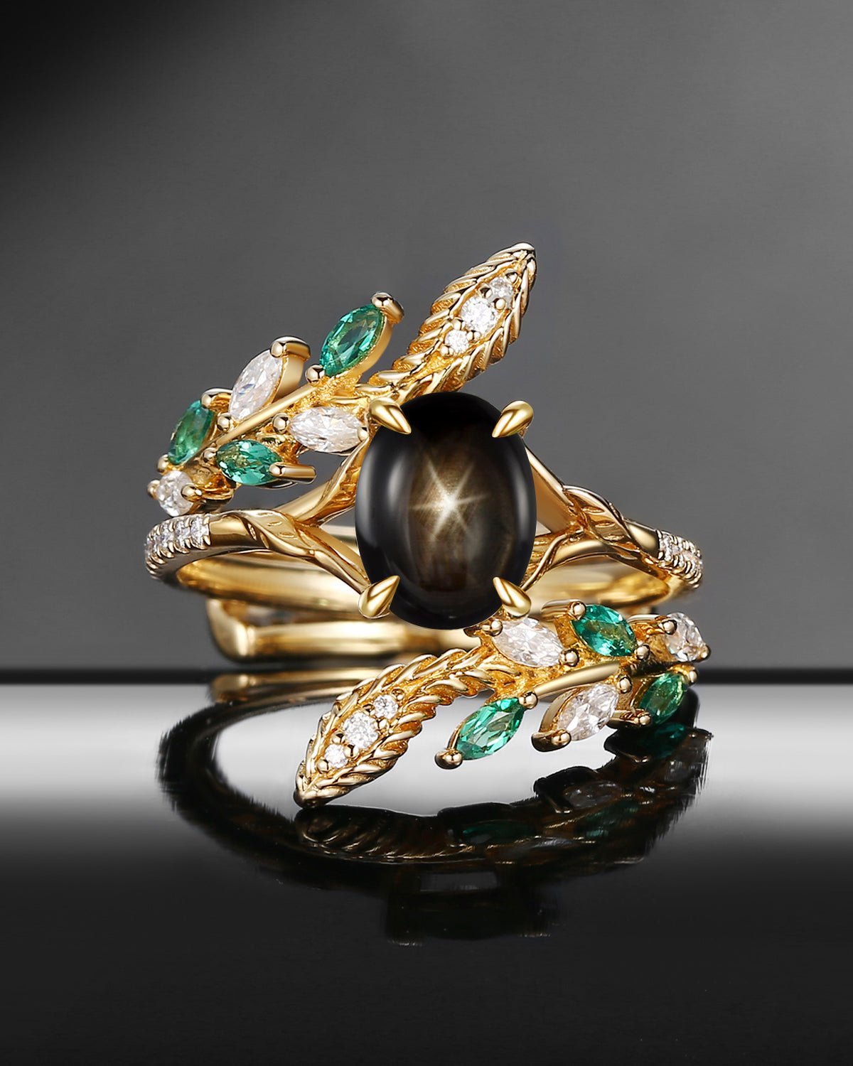 Snake Inspired Oval Natural Black Star Sapphire Nature Inspired Twist Engagement Ring Set 2pcs - Serpent's Embrace