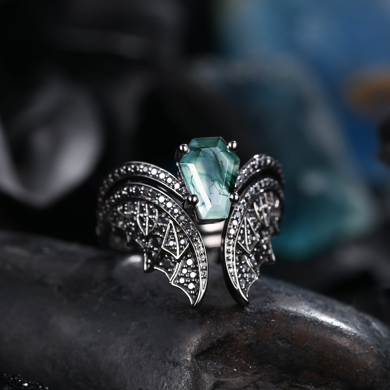 Coffin Cut Moss Agate Vintage Black Gold Bridal Set 2pcs - Bat Ring