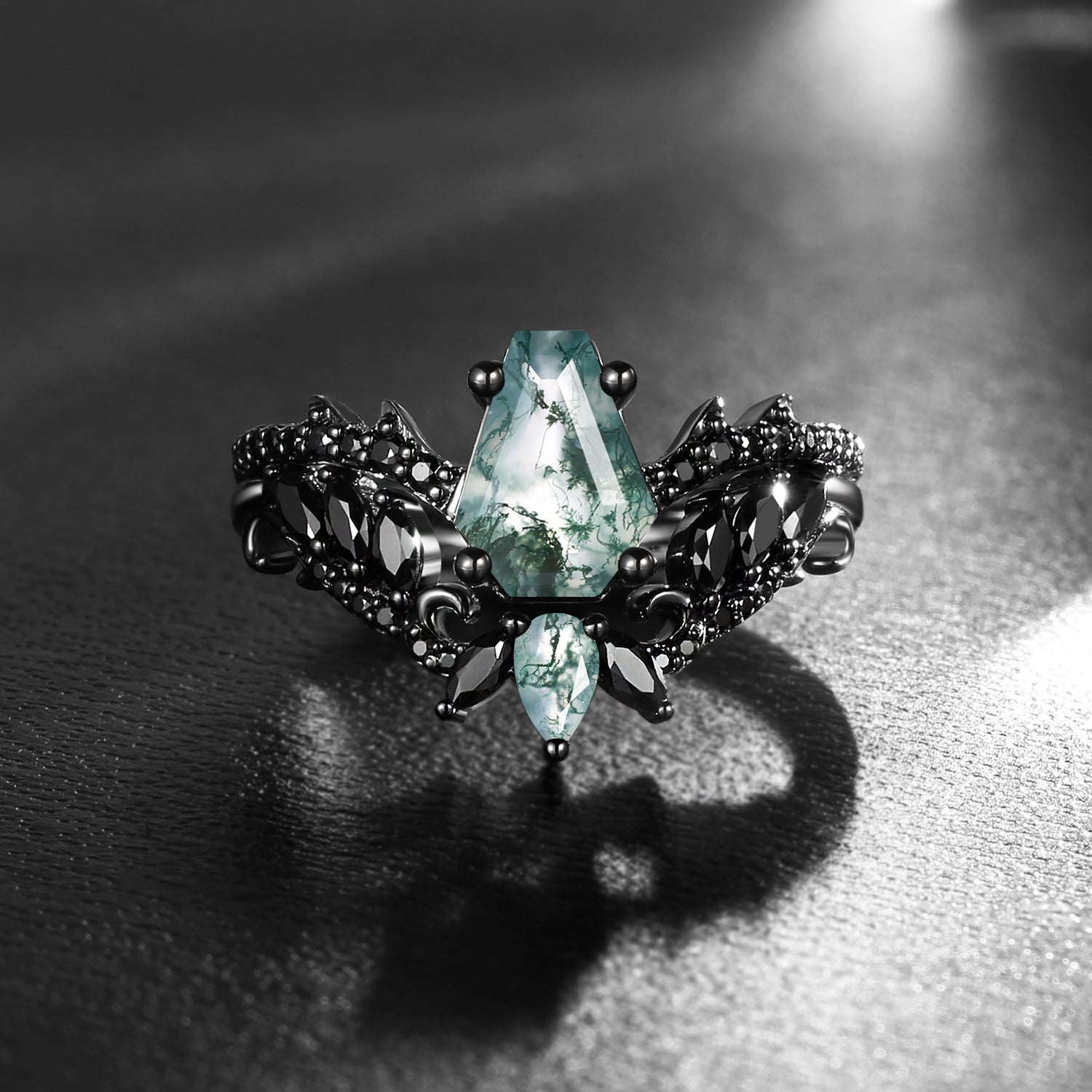 Gothic Style Coffin Moss Agate Vine And Thorns Engagement Ring 2pcs