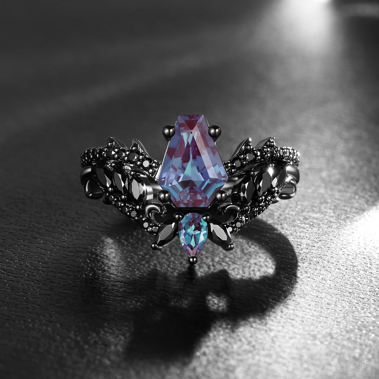 Gothic Style Coffin Lab Alexandrite Vine And Thorns Engagement Ring 2pcs