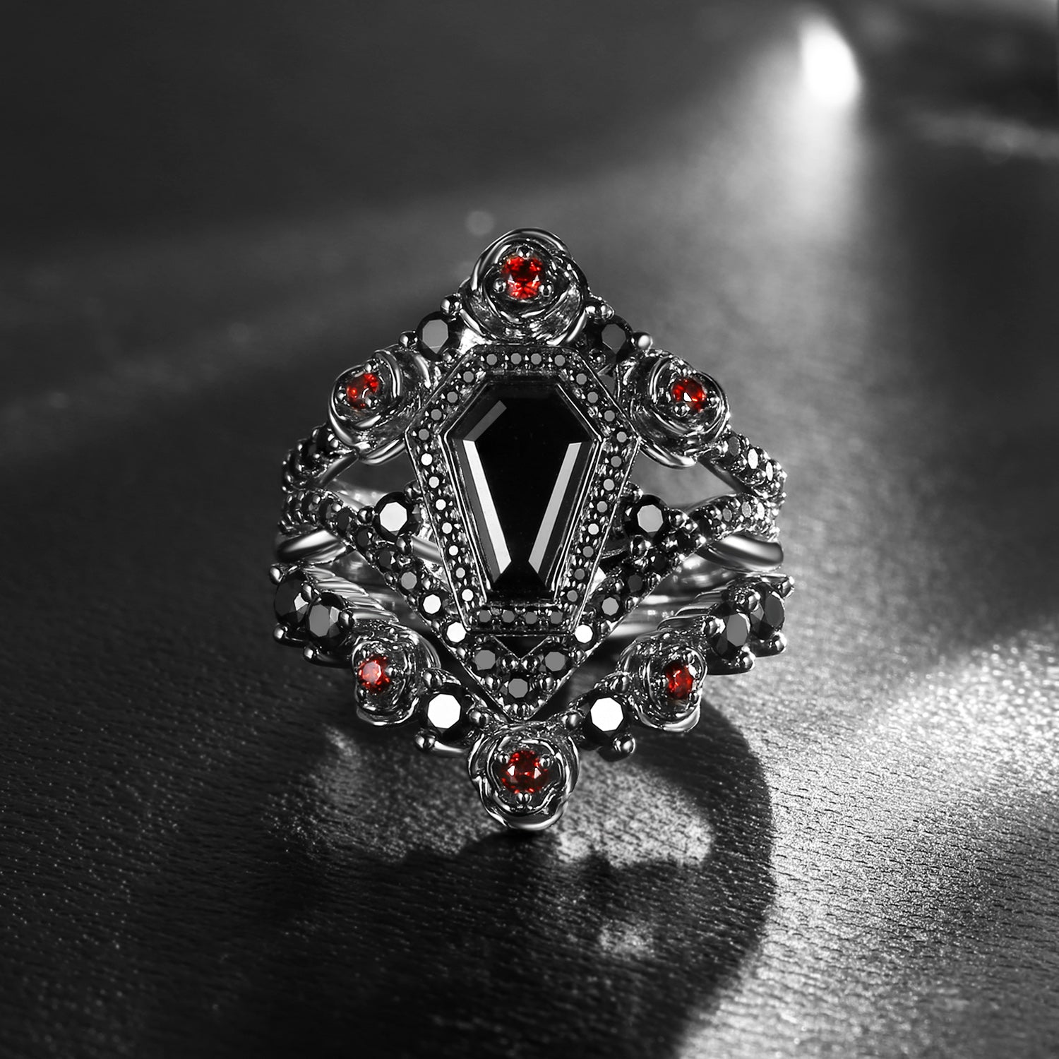 In Stock | Unique Coffin Black Moissanite Rose Flower Engagement Ring Set 3pcs