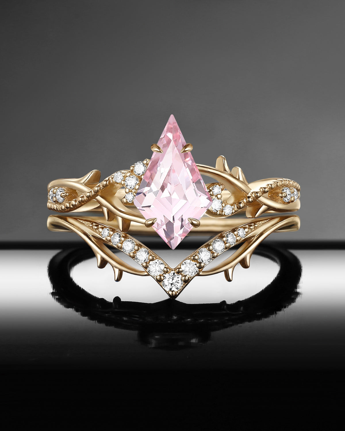 Nature Inspired Kite Lab Pink Sapphire Twisted Vines Gothic Black Gold Engagement Ring Set 2pcs - 'Thorns & Roses'