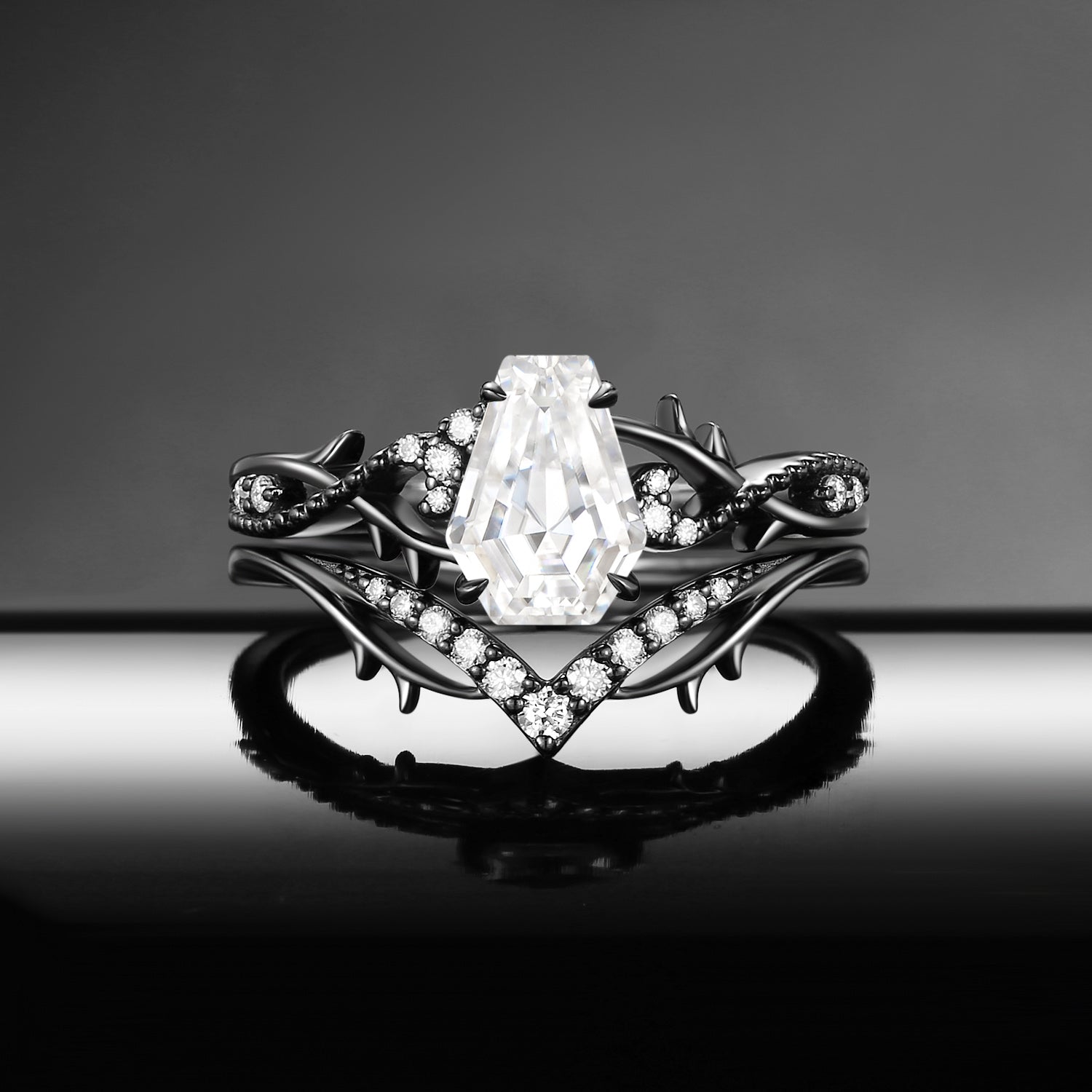 Gothic Inspired Coffin Cut Moissanite Black Gold Vines & Thorns Ring Set 2pcs