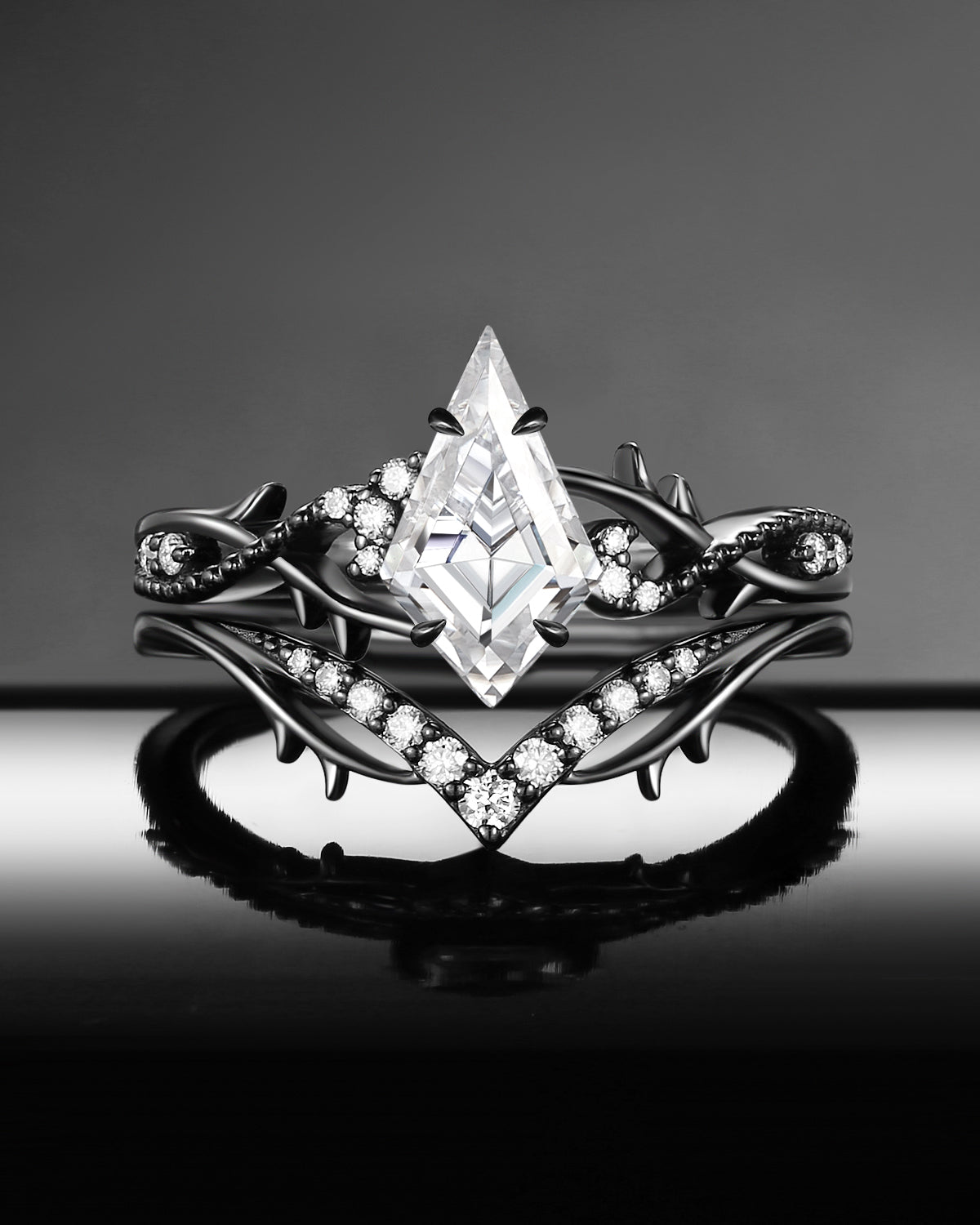 Nature Inspired Kite Moissanite Twisted Vines Gothic Black Gold Engagement Ring Set 2pcs - 'Thorns & Roses'