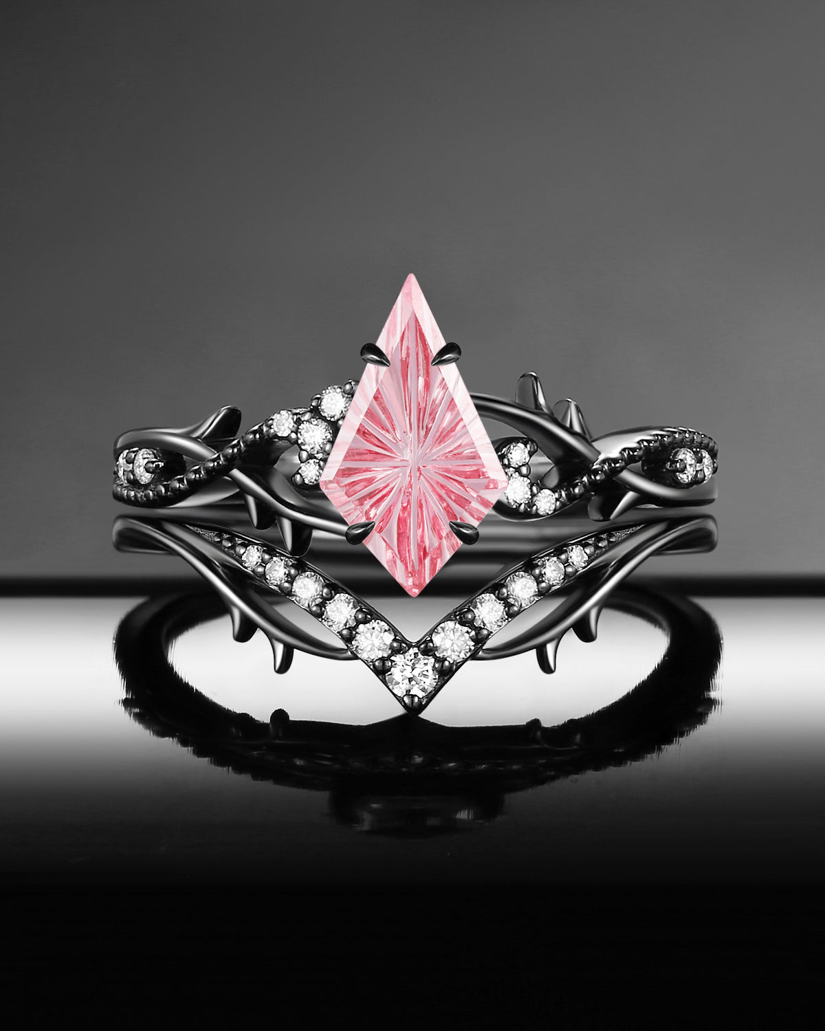 Gothic Nature Inspired Fantasy Carved Kite Lab Pink Sapphire Twisted Vine Engagement Ring Set 2pcs - 'Thorns & Roses'
