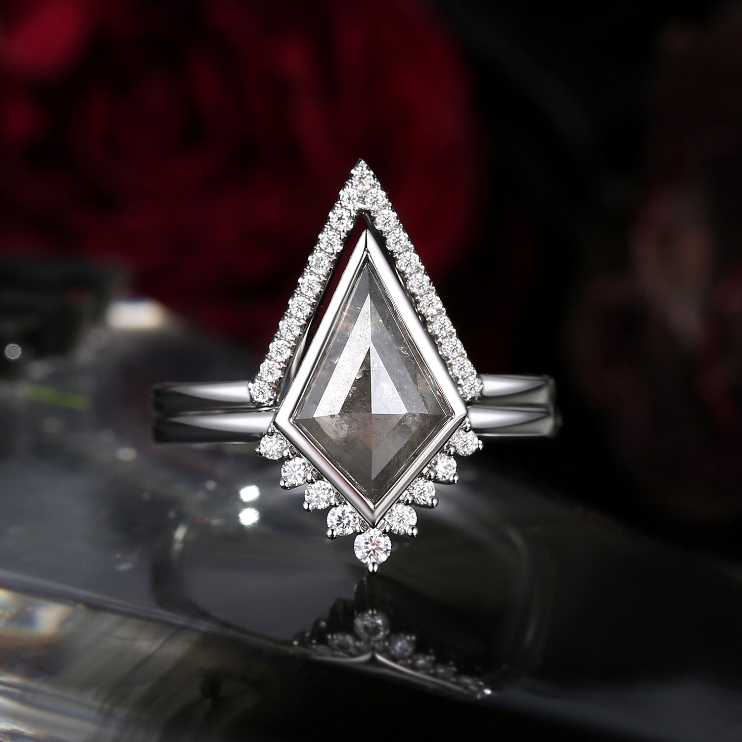 Classic Kite Cut Salt and Pepper Diamond Ring Set 2pcs - Statement