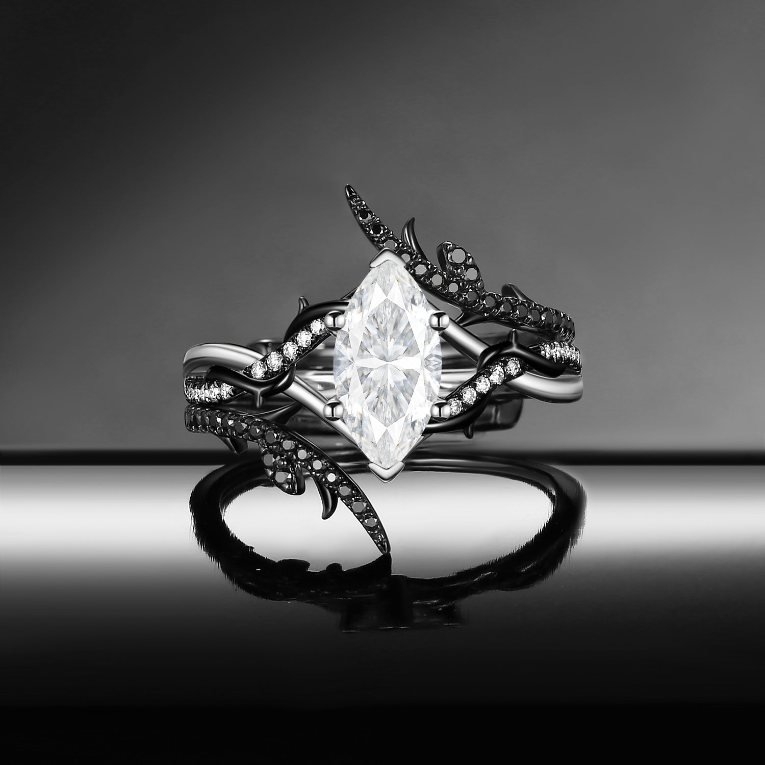 Nature Inspired Marquise Moissanite 'Thorns & Roses' Two-Tone Engagement Ring Cage Set 2pcs