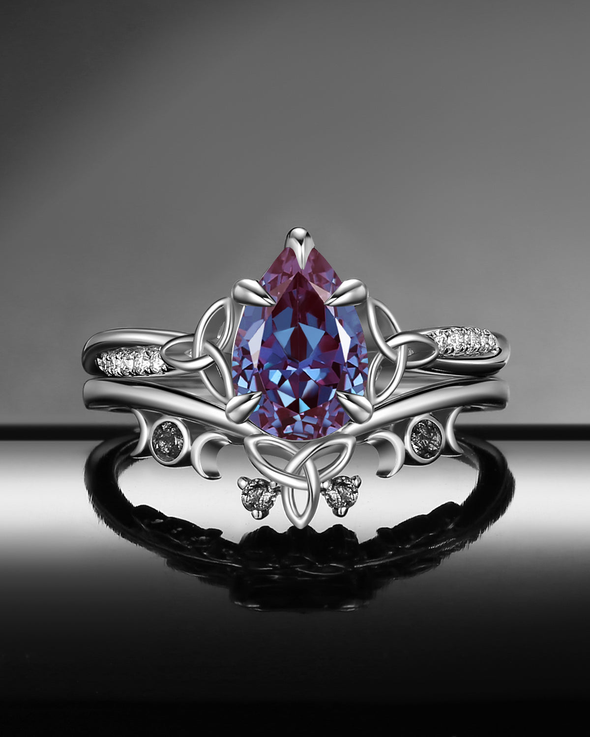 Celtic Moon | Pear Cut Lab Alexandrite Celtic Inspired Engagement Ring Set 2pcs