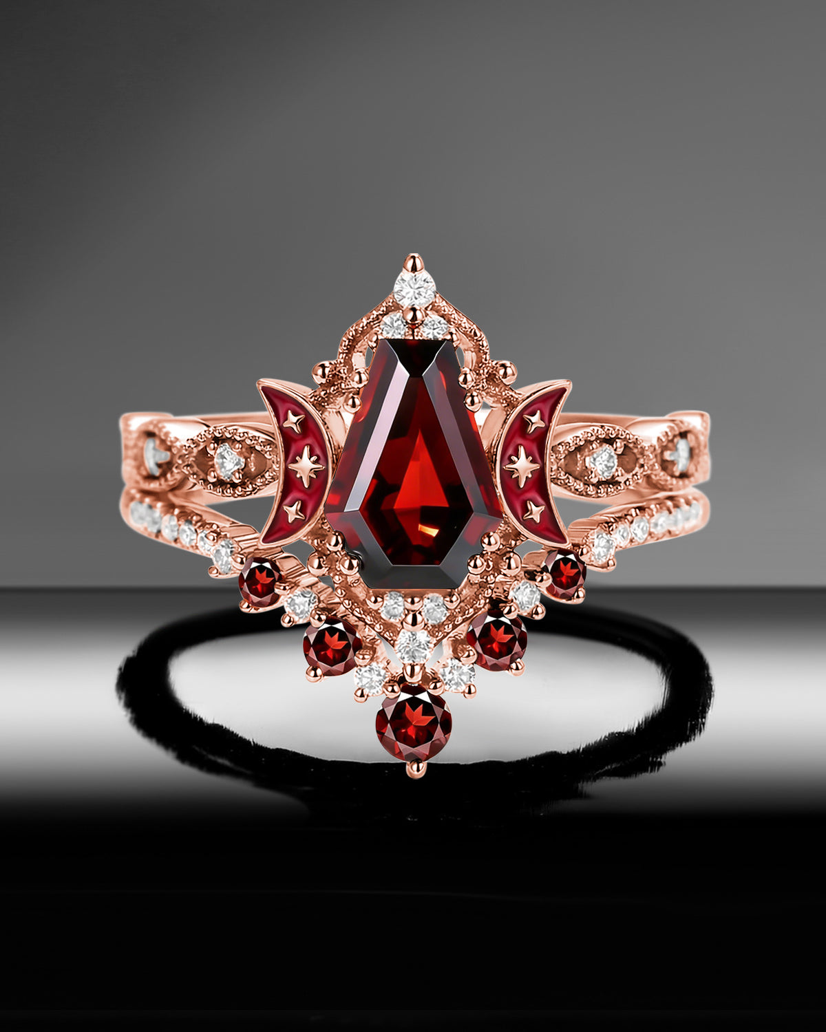 Crescent Moon | Coffin Cut Garnet Red Enamel 'Ultra Celestial' Ring Set 2pcs