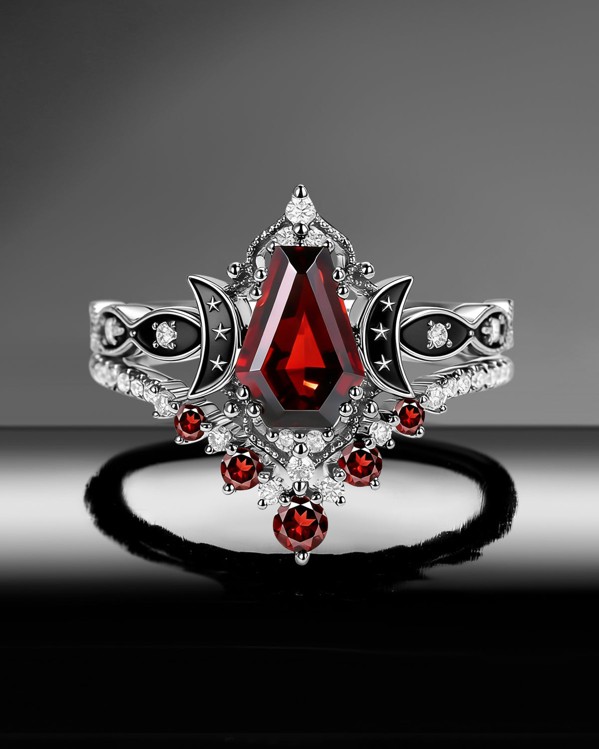 Crescent Moon | Coffin Cut Garnet Black Enamel 'Ultra Celestial' Ring Set 2pcs