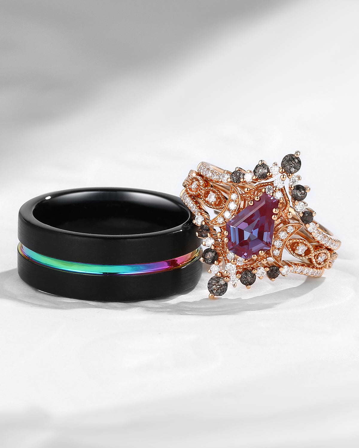 Crescent Moon | Coffin Faceted Lab Alexandrite Rainbow Electroplated Couple Bridal Ring Set
