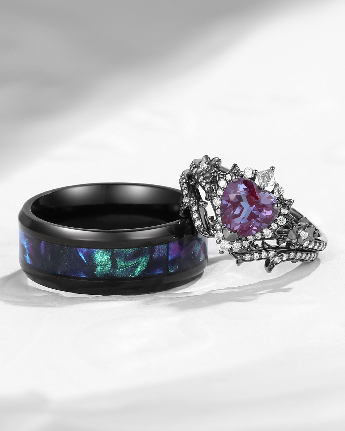 Halo Heart Shaped Lab Alexandrite Black Gold Flower Lab Opal Couple Bridal Ring Set