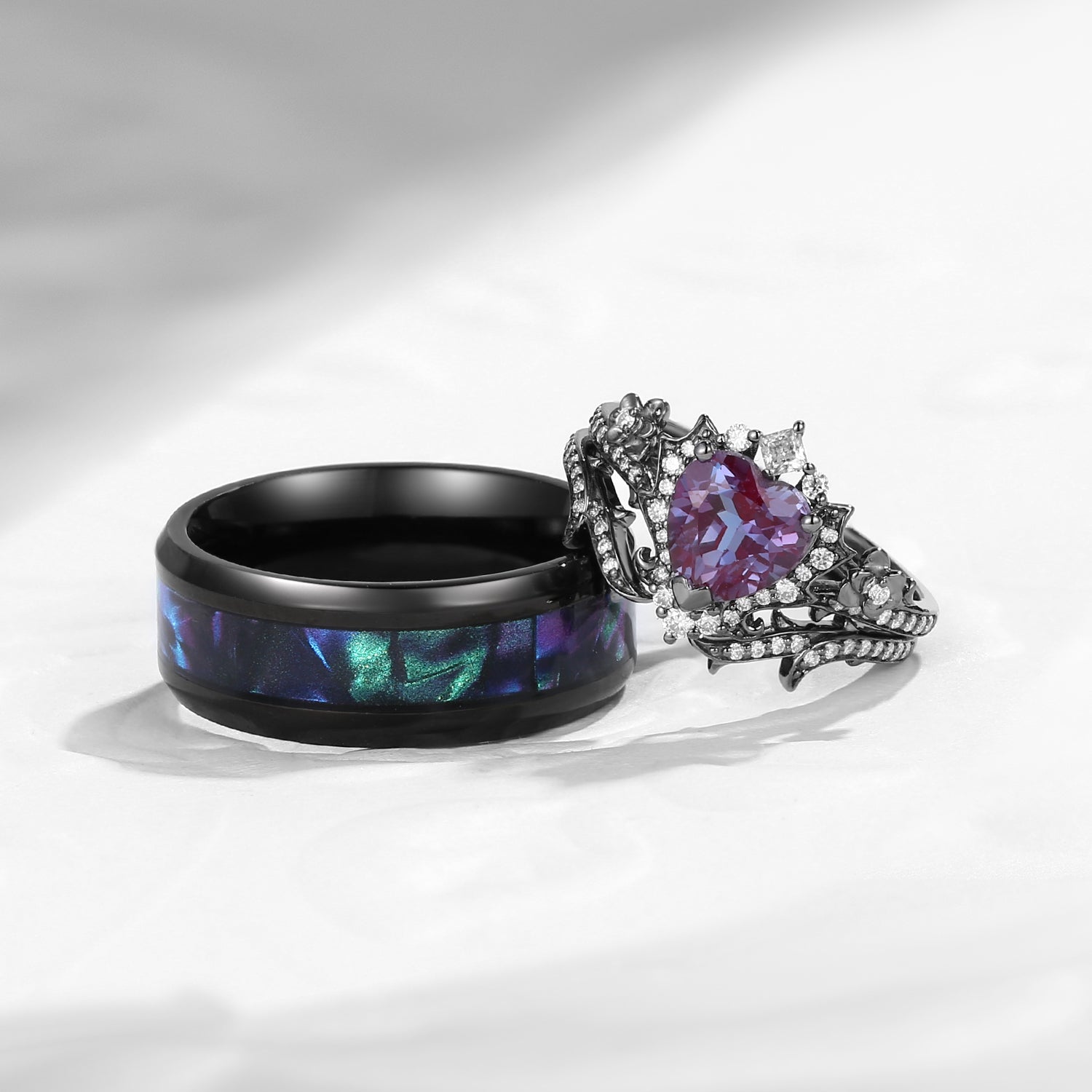 Halo Heart Shaped Lab Alexandrite Black Gold Flower Lab Opal Couple Bridal Ring Set