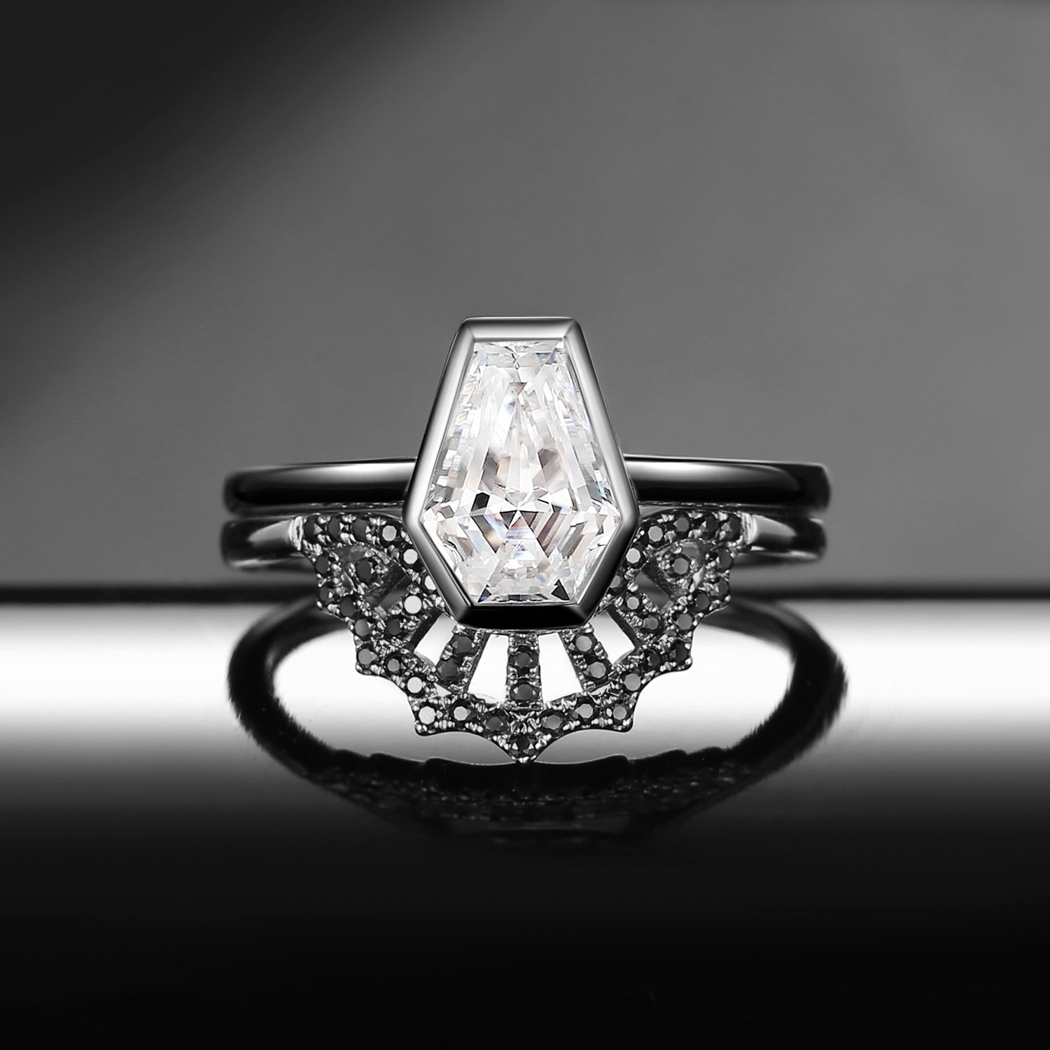 Classic Coffin Spider Web Moissanite Black Gold Engagement Ring Set 2pcs