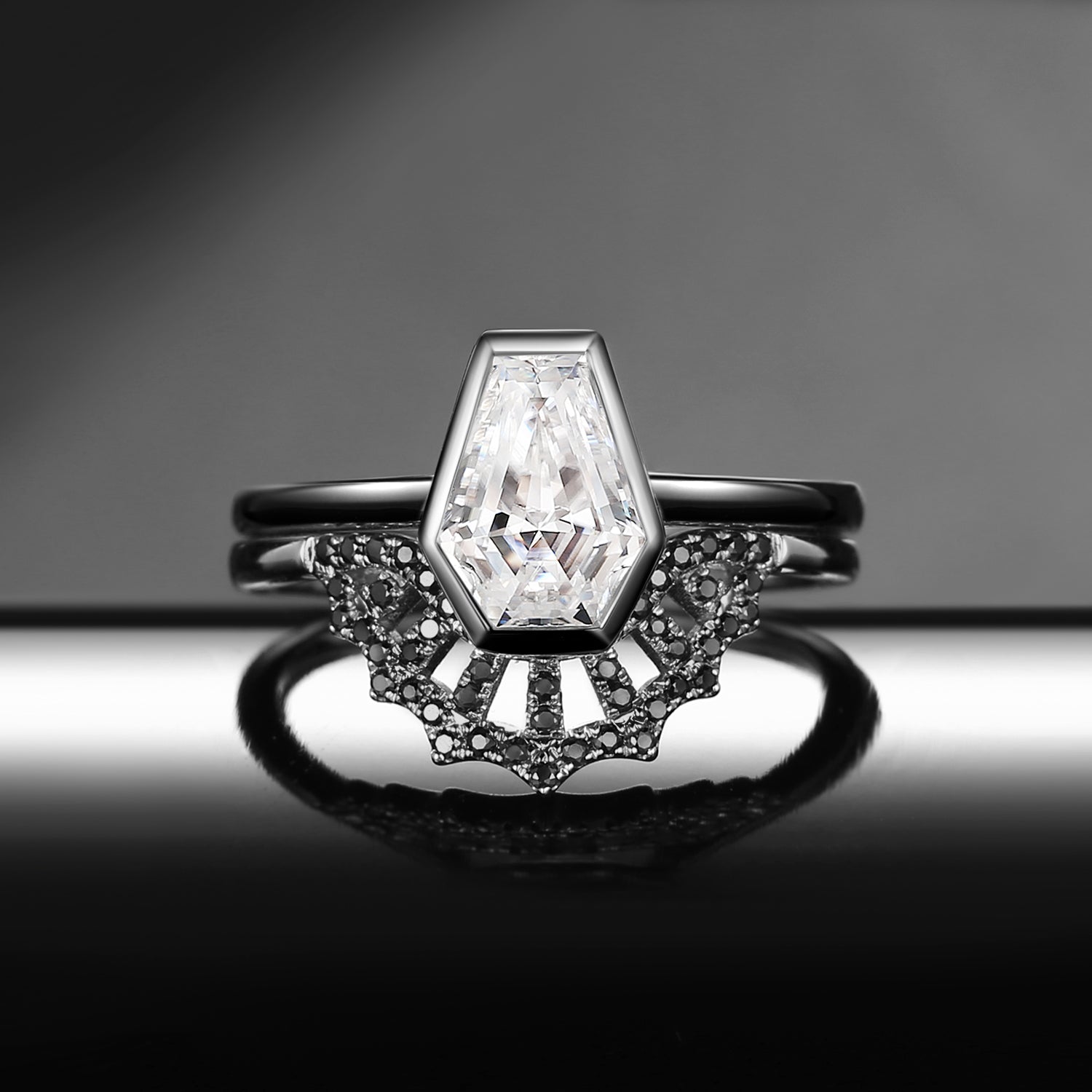 Classic Coffin Spider Web Moissanite Black Gold Engagement Ring Set 2pcs