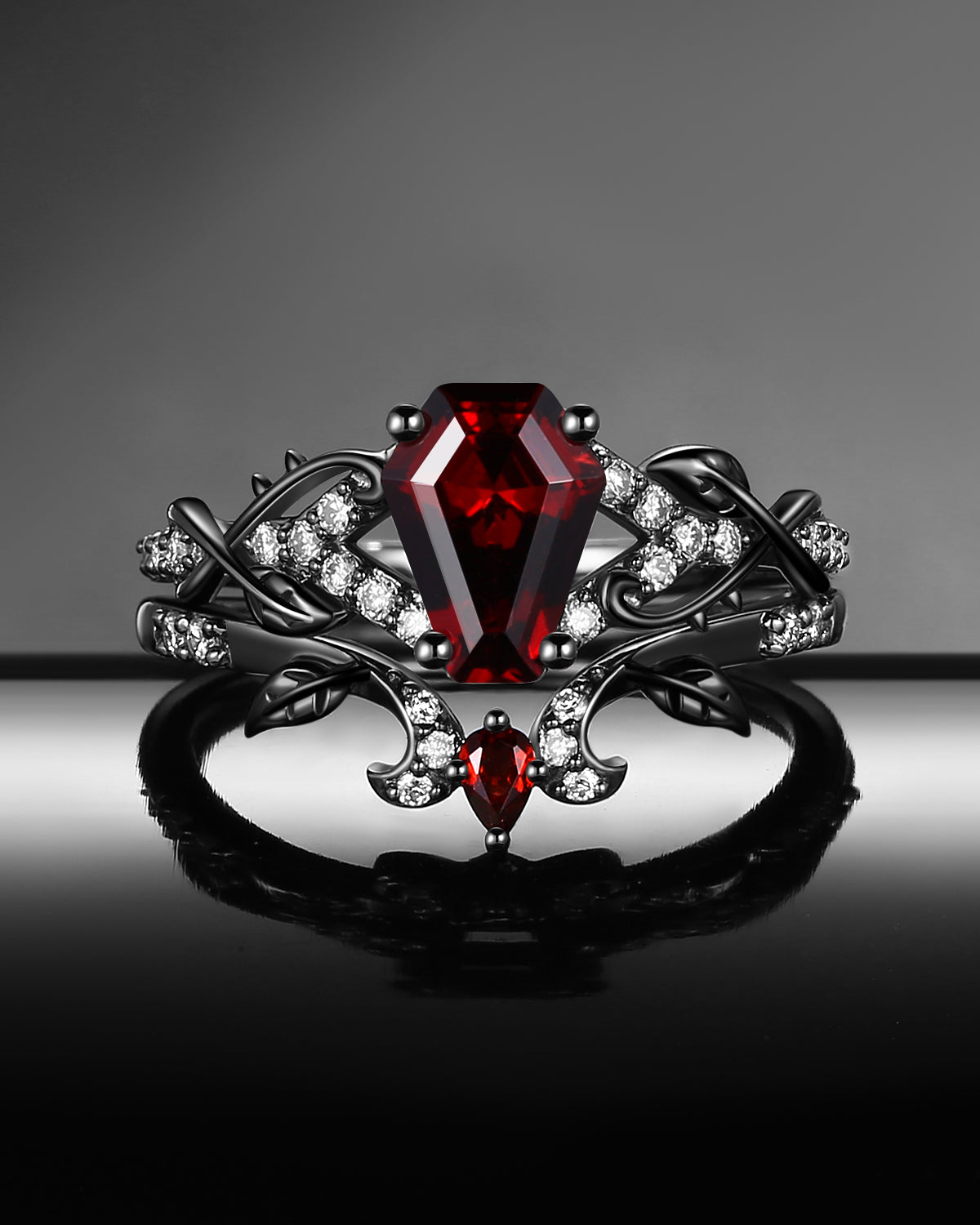 Gothic 'Thorns & Roses' Coffin Shaped Garnet Nature Inspired Engagement Ring Set 2pcs