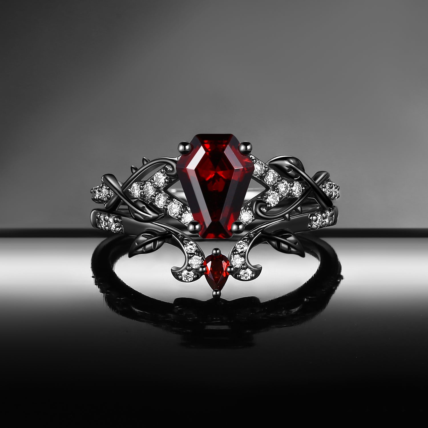 Gothic 'Thorns & Roses' Coffin Shaped Garnet Nature Inspired Engagement Ring Set 2pcs