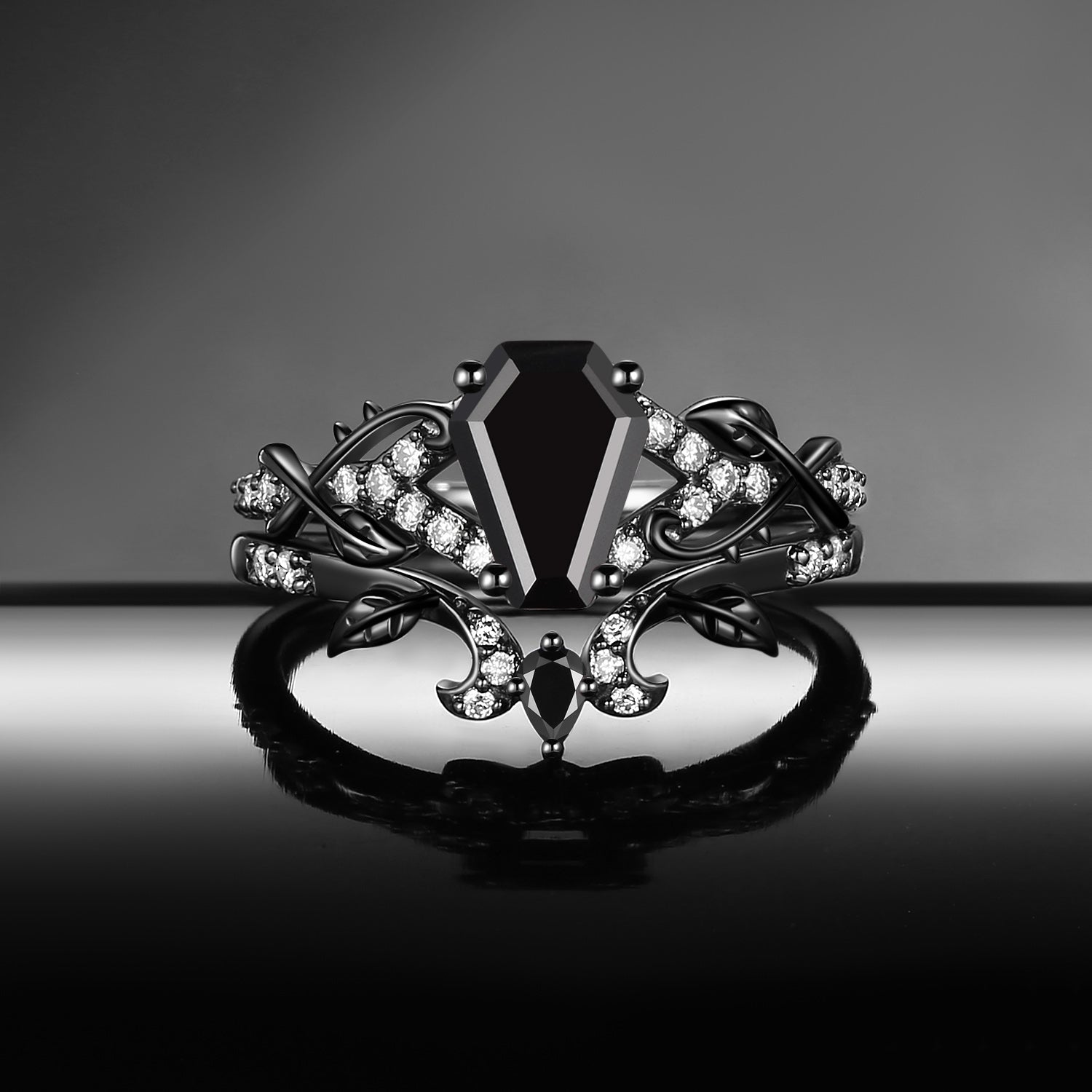Thorns & Roses - Gothic Coffin Cut Black Moissanite Leaf Twisted Engagement Ring Set with Thorn-inspired Band