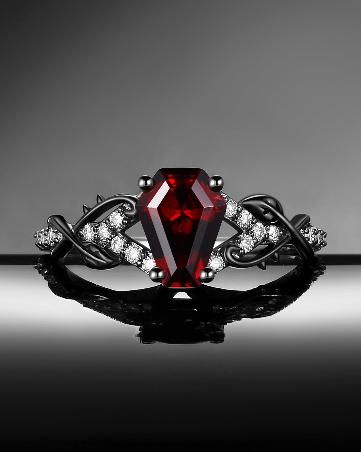 Gothic 'Thorns & Roses' Coffin Shaped Garnet Nature Inspired Split Engagement Ring