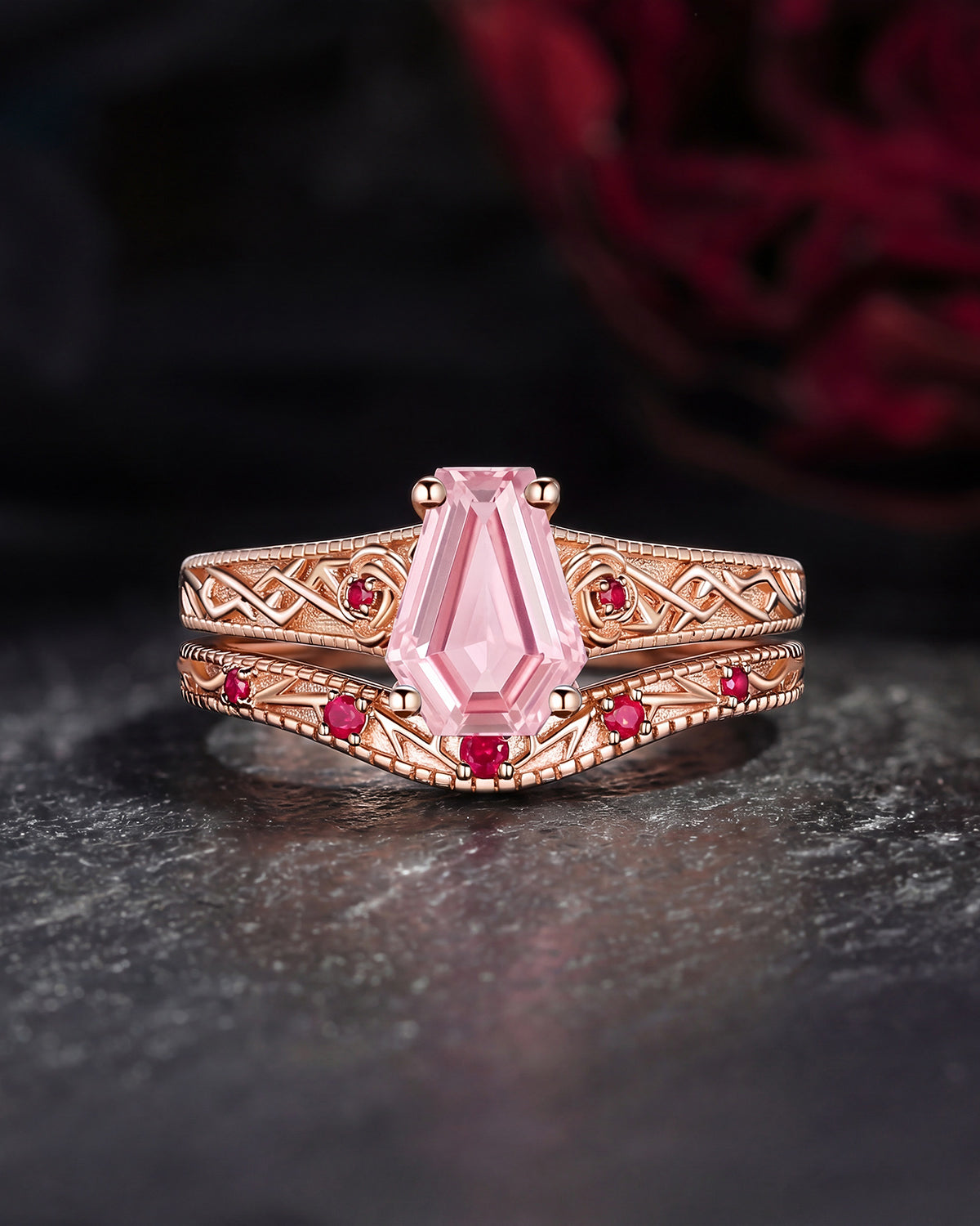 Nature Inspired Coffin Lab Pink Sapphire Vintage Filigree Engagement Ring Set 2pcs - 'Thorns & Roses'