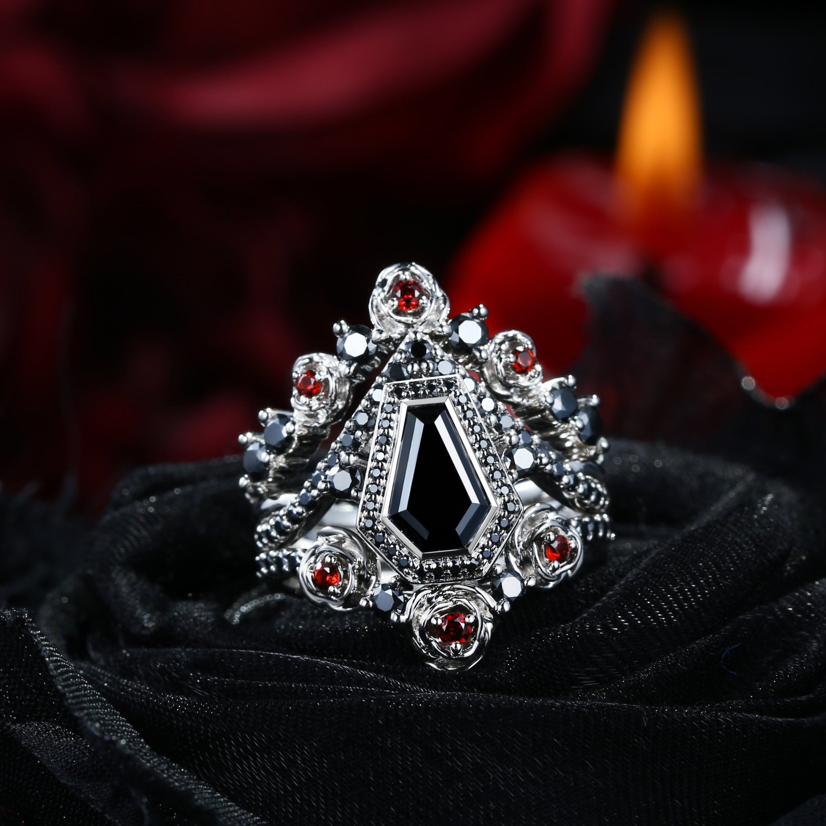 Unique Coffin Black Moissanite Rose Flower Engagement Ring Set 3pcs