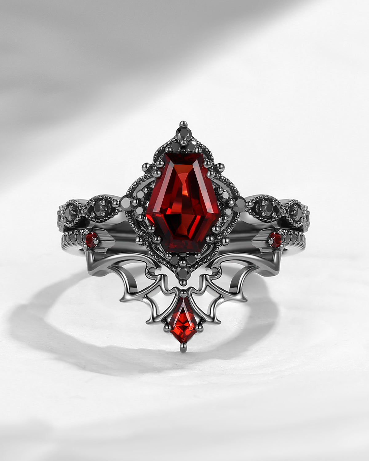 Gothic Inspired Coffin Shaped Garnet Black Gold Engagement Ring Set 2pcs