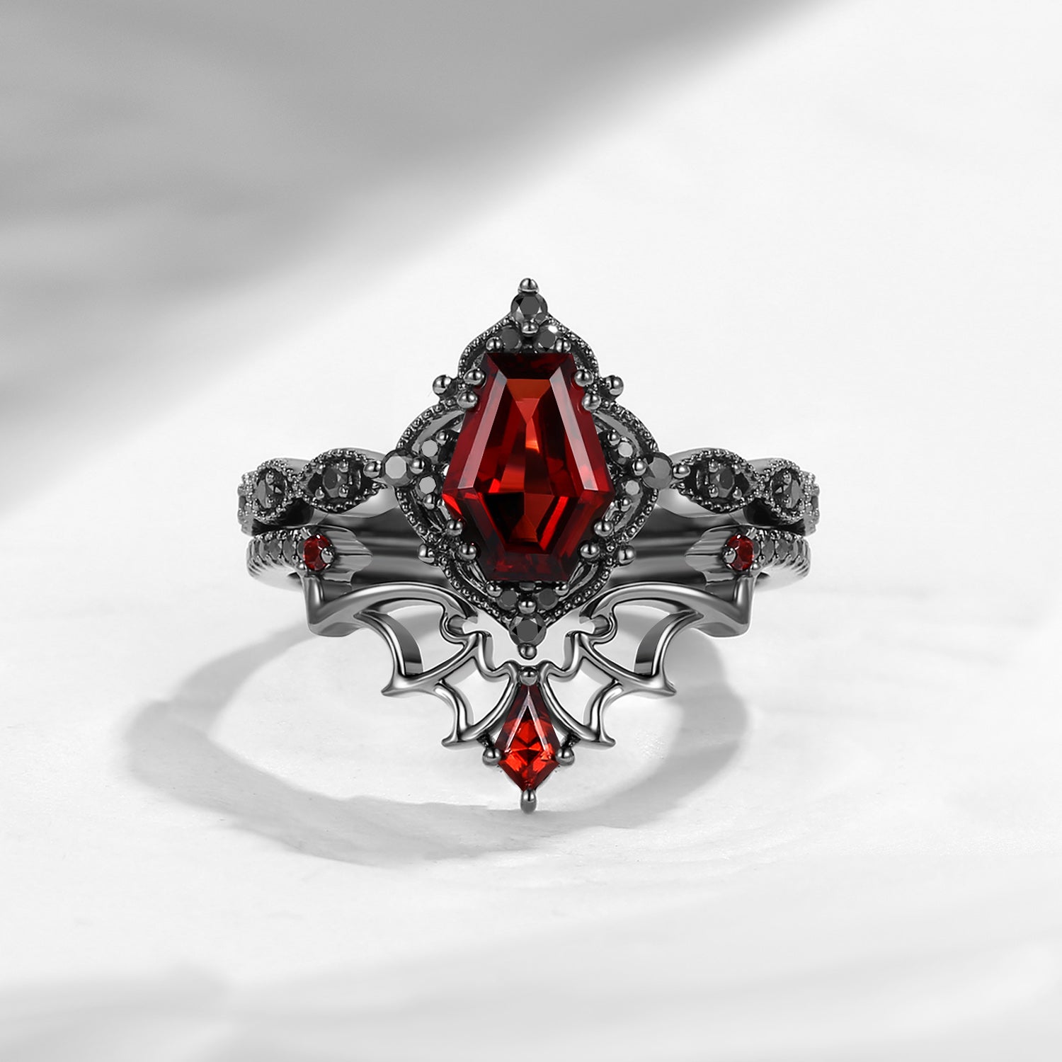 Gothic Inspired Coffin Shaped Garnet Black Gold Engagement Ring Set 2pcs