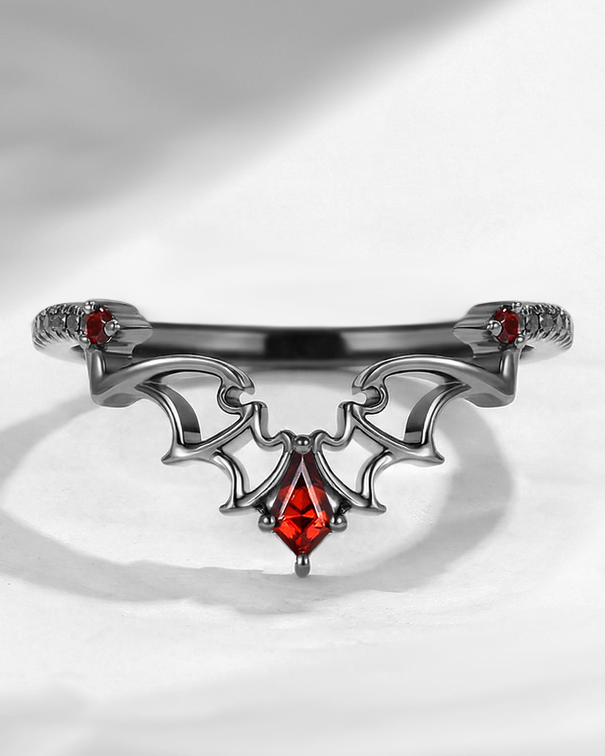 Gothic Bat Inspired Kite Cut Garnet Bat Wing Curved Wedding Ring - Dark Romance