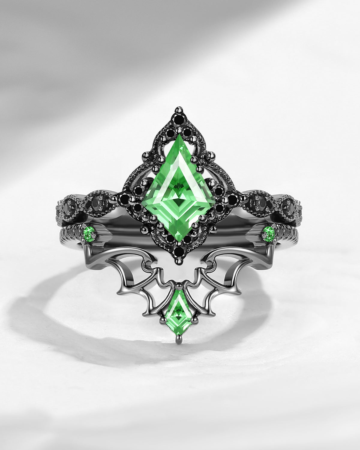 Gothic Inspired 'Dark Romance' Kite Cut Lab Tsavorite Black Gold Engagement Ring Set 2pcs