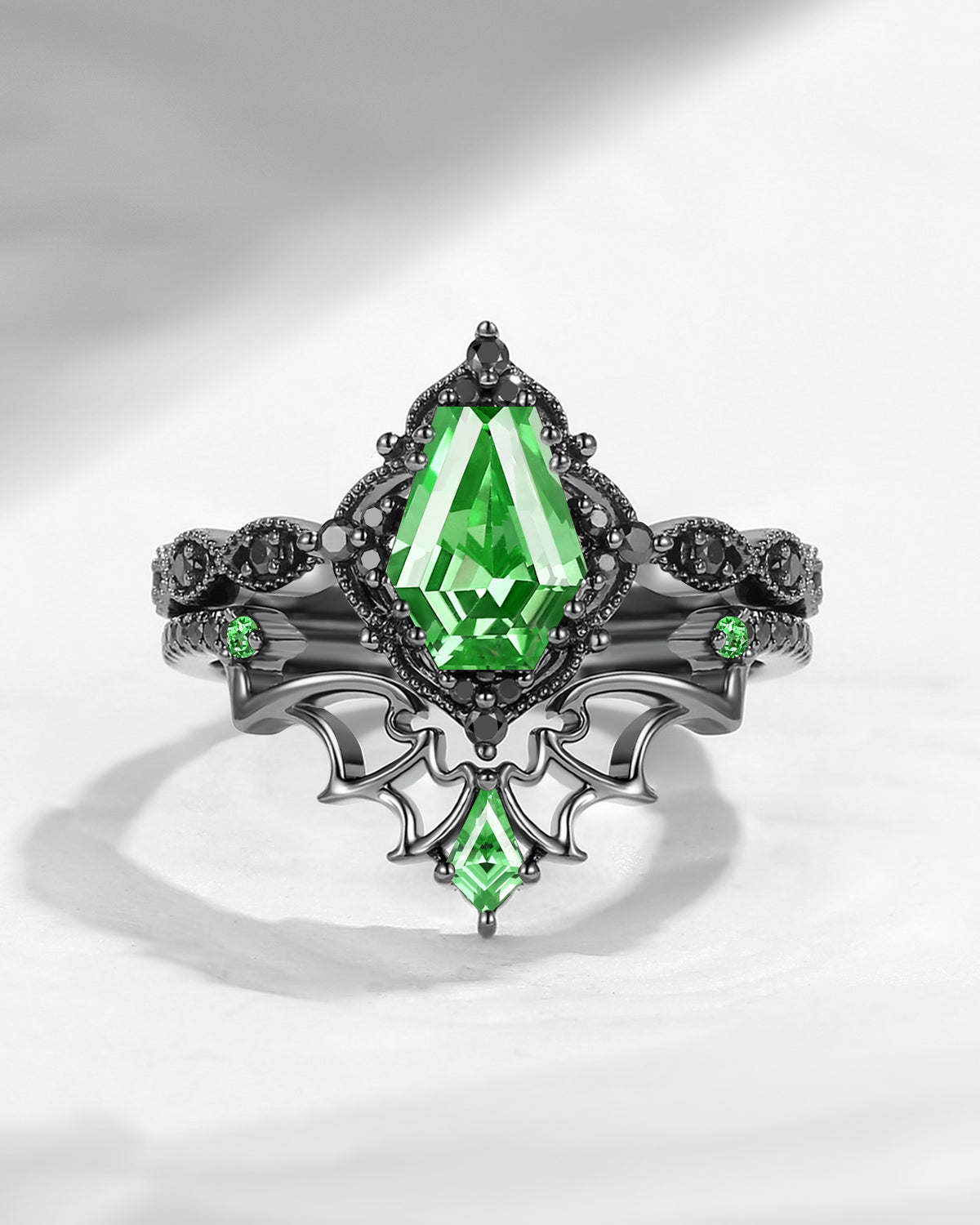 Gothic Inspired 'Dark Romance' Coffin Shaped Lab Tsavorite Black Gold Engagement Ring Set 2pcs