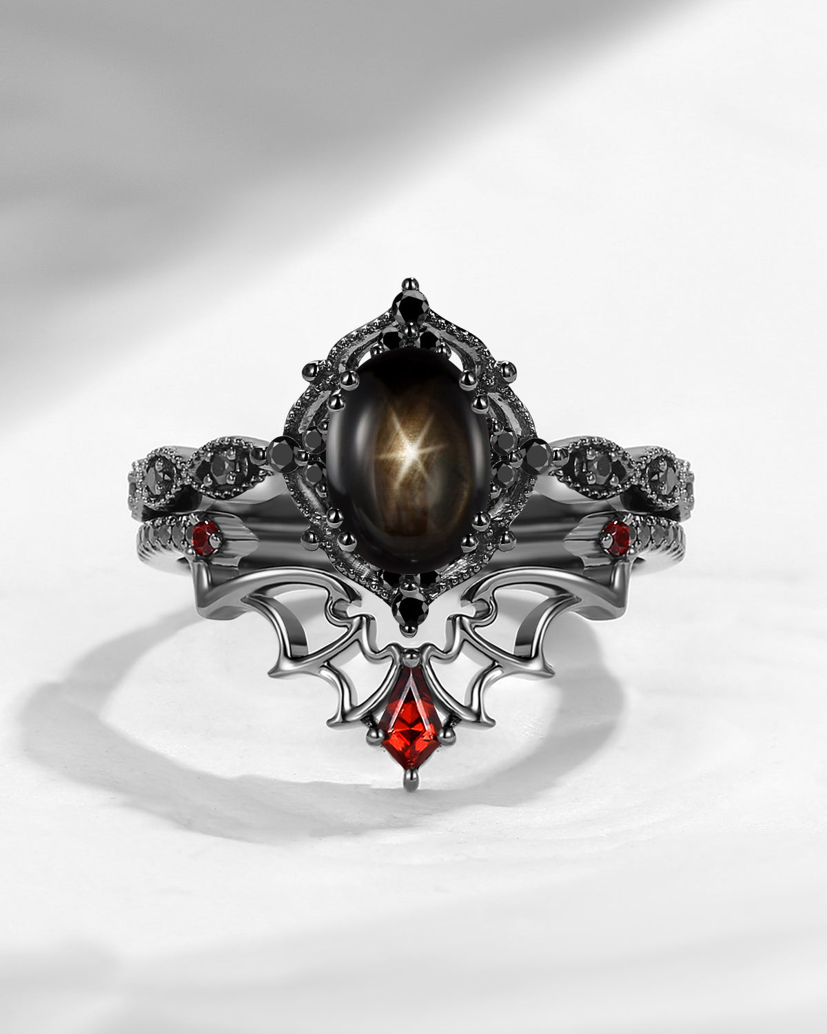 Gothic Bat Inspired Oval Natural Black Star Sapphire Black Gold Engagement Ring Set 2pcs - 'Dark Romance'
